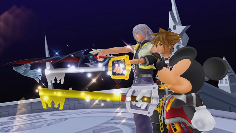 Riku, Sora, and Mickey, each wielding their own Keyblade.